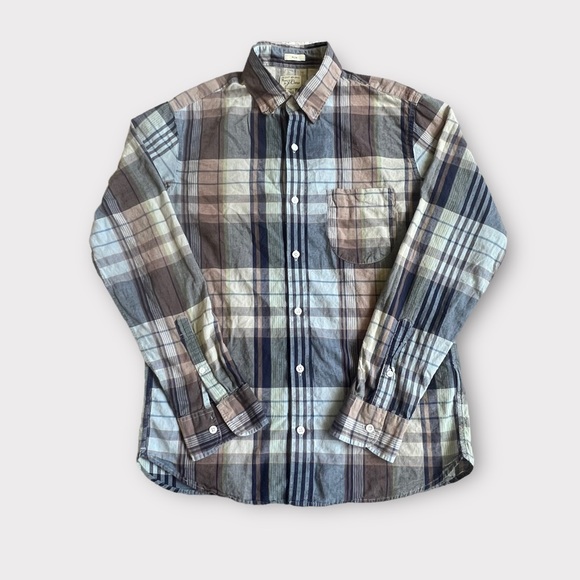 J. Crew Other - J. Crew Flannel Button Shirt Italian Madras Slim Fit Blue Brown Plaid Men Sz M